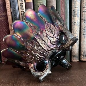 Sapphire Blue Northwood Carnival Glass Leaf & Beads w/ Sunflower Interior